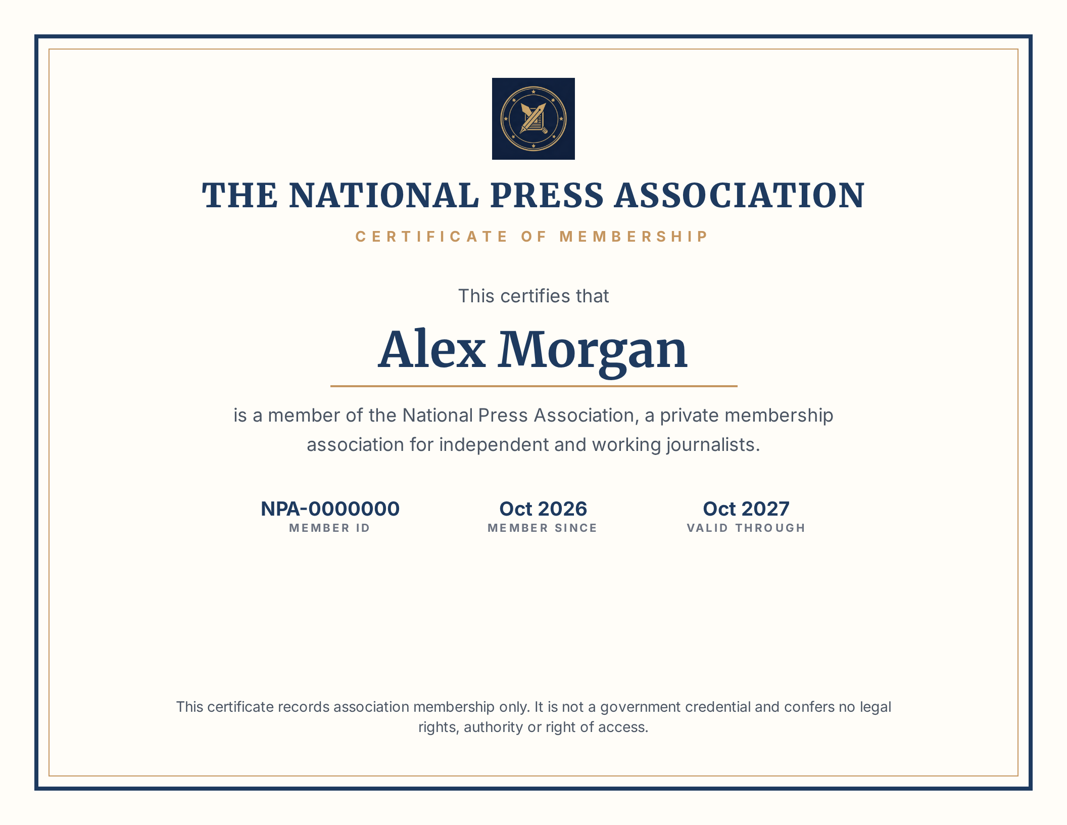NPA certificate of membership