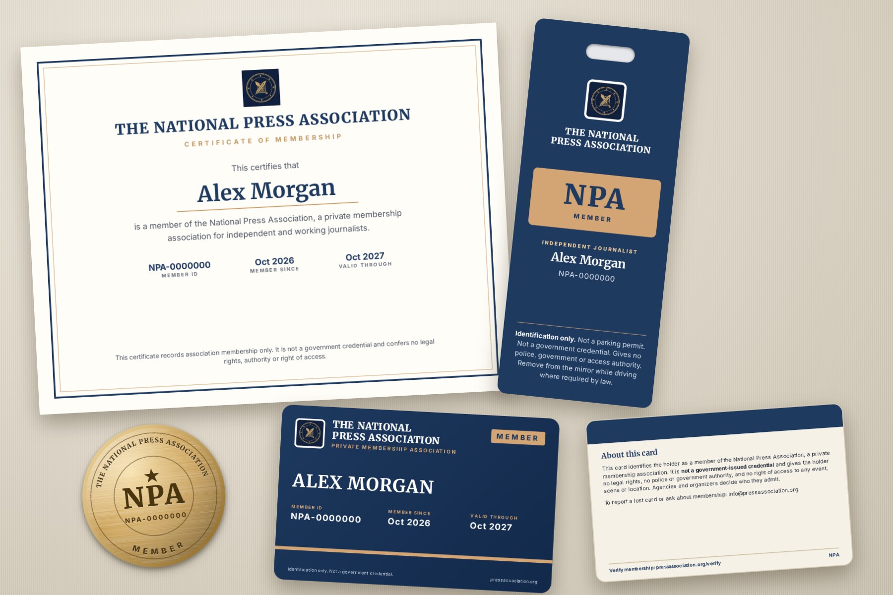 The NPA Press Kit: certificate, laminated press pass card front and back, engraved badge and car mirror hanger
